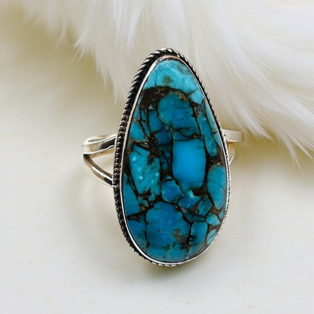 Vintage 925 Sterling Silver Teardrop Turquoise Blue Matrix  Stone Ring – Size 9